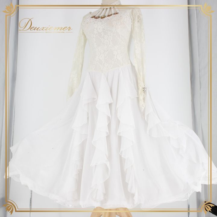 社交ダンス 衣装 ドレス ワンピース パーティ衣装 女性用 レディース オールシーズン 白 prima boutique プリマブティック ホワイト系 フロート付き ラインストーン スパンコール 軽やか おしゃれ エレガント ビーズ装飾 ウエスト