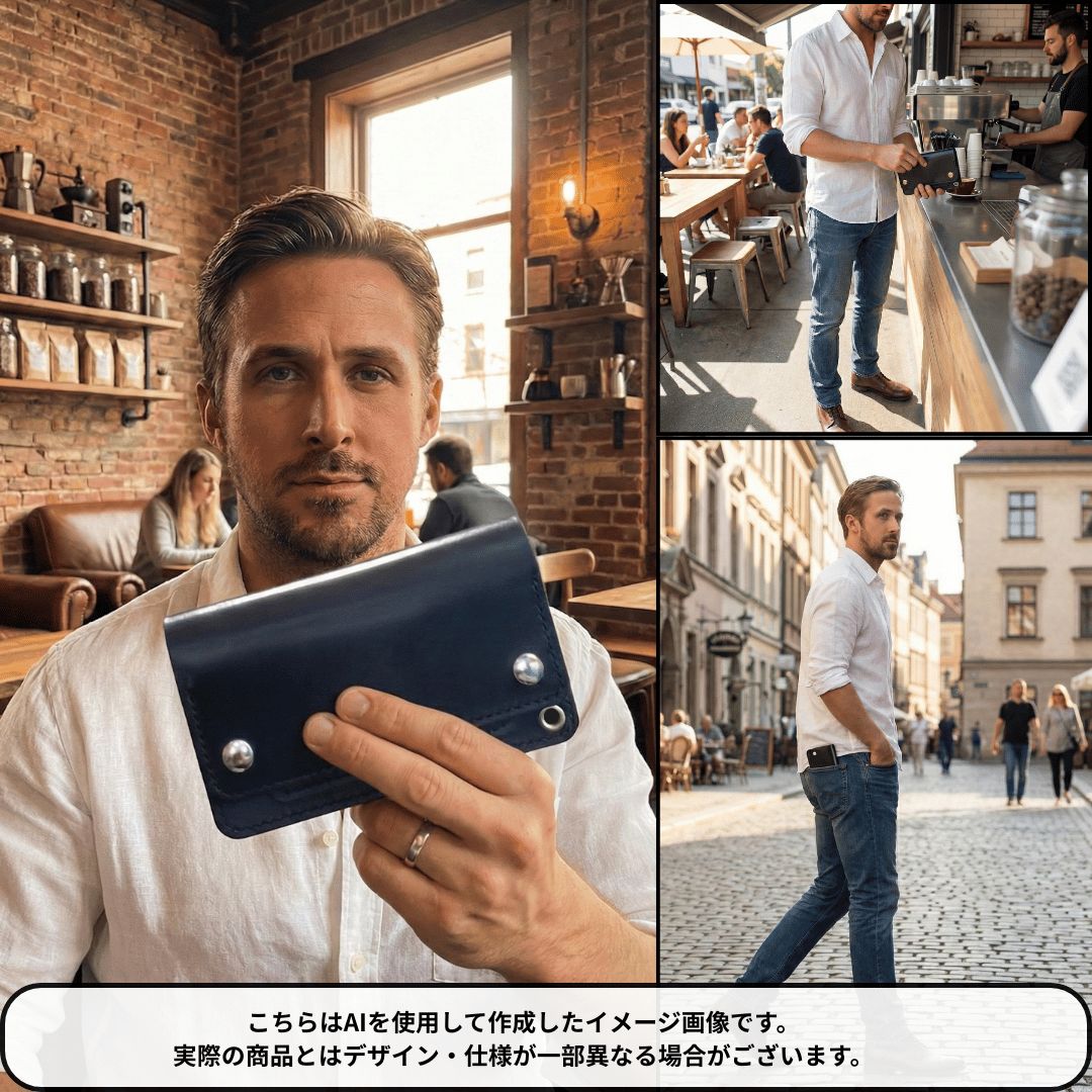 左利き用】牛革トラッカーウォレット ミドルサイズ ブラック 金具