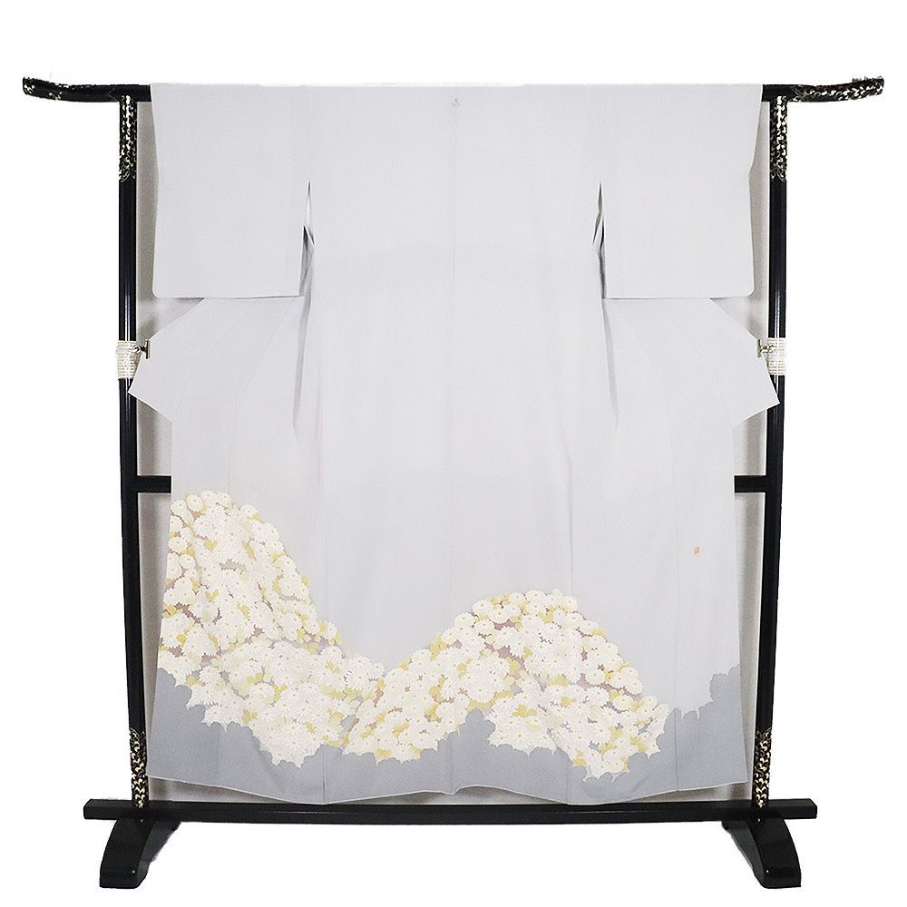 色留袖 本場加賀友禅【鶴見保次】松竹に橘 正絹 灰薄青色 一つ紋 袷着物 広衿 本加賀友禅 鶴見保次氏作 色留袖 袷 正絹 薄グレー 暈し 手描き友禅 菊