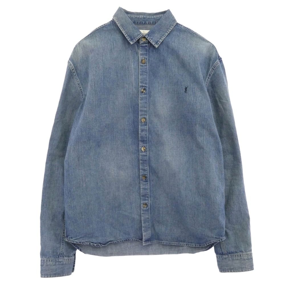 SAINT LAURENT サンローラン 823437 Y 14 MJ CASSANDRA SHIRT カサンドラ YSLロゴ刺繍 長袖 デニムシャツ ブルー系 L