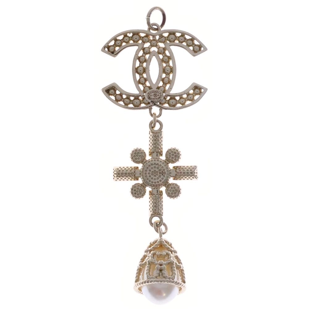 CHANEL シャネル ココマーク ラインストーン パール3連デザイントップ ペンダント ネックレス トップ GP ゴールド