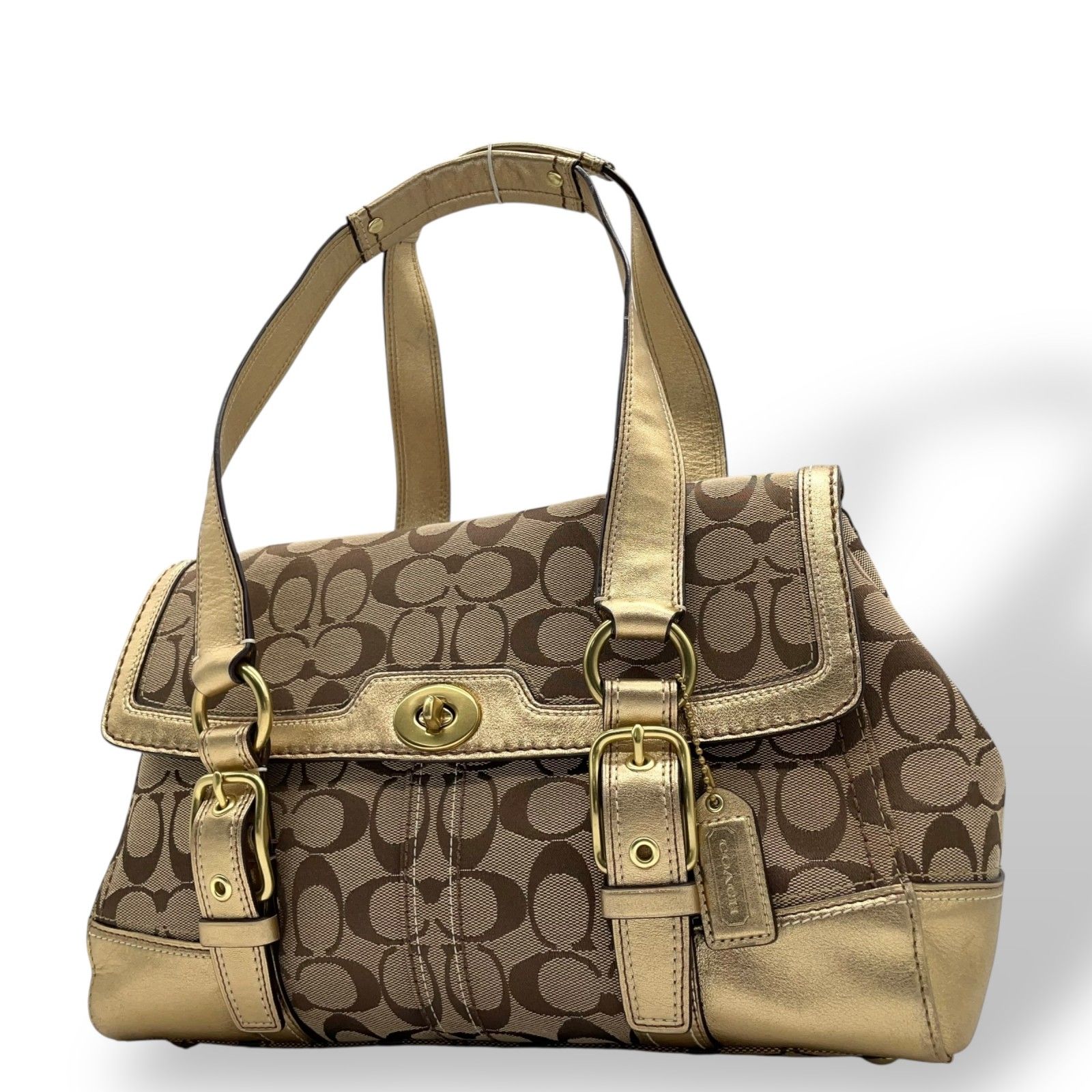 COACH シグネチャー ハンドバッグ カーキ ゴールド金具 コーチ COACH シグネチャー キャンバス×レザー ハンドバッグ 金金具