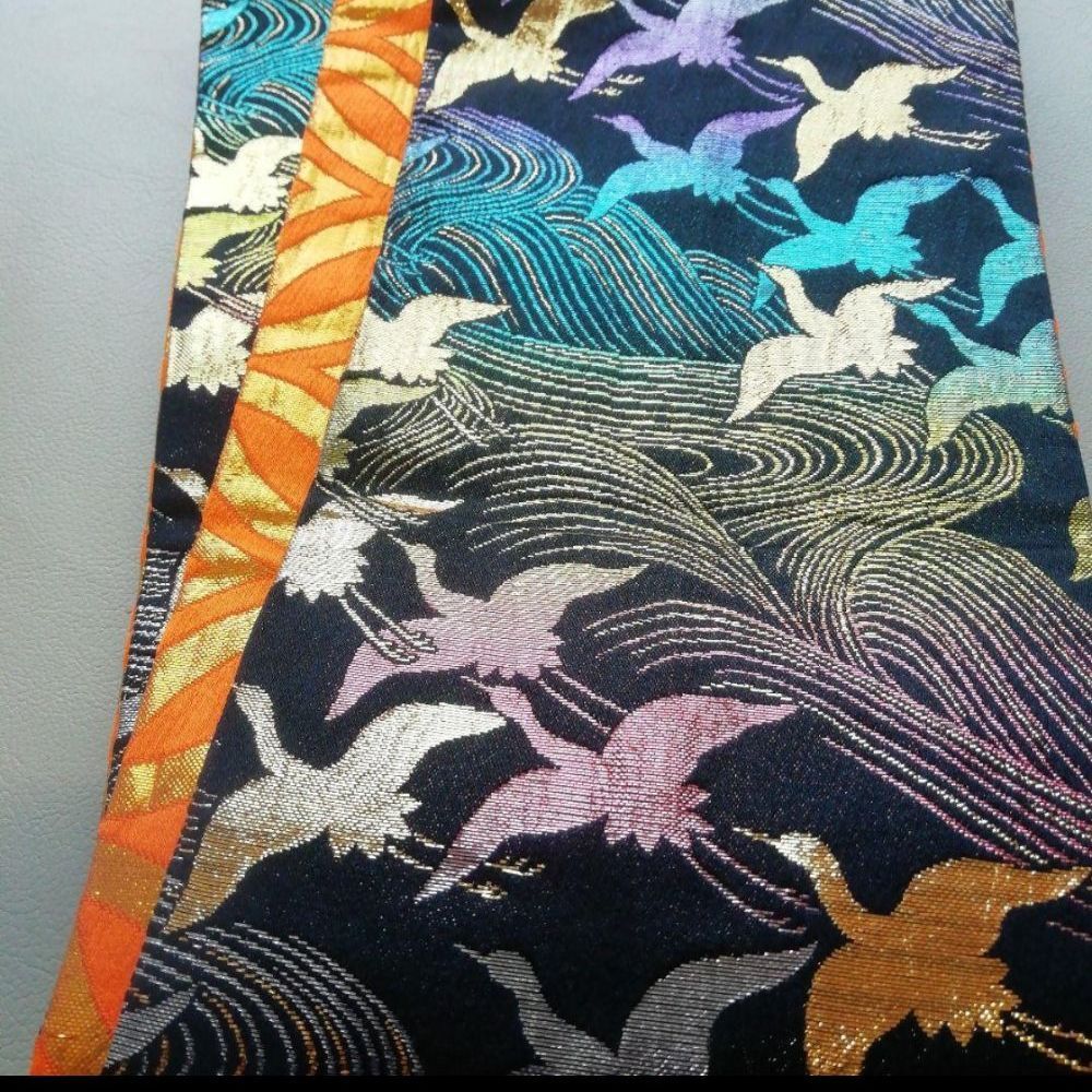 半幅帯 多色の鳥柄 リユース品 ⑳-⑯ Half-width obi with 