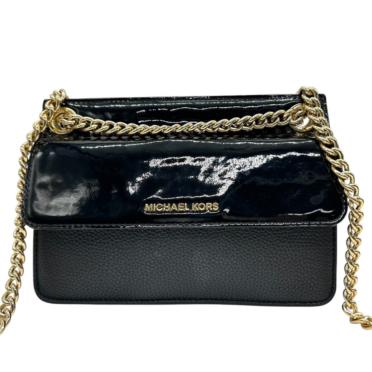 マイケルコース MICHAEL KORS ショルダーバッグ チェーン クロスボディ 斜め掛け パテントレザー エナメル 異素材 ブラック 黒 ゴールド金具 ロゴ フラップ パーティー お出かけ レディース 鞄 かばん s 93