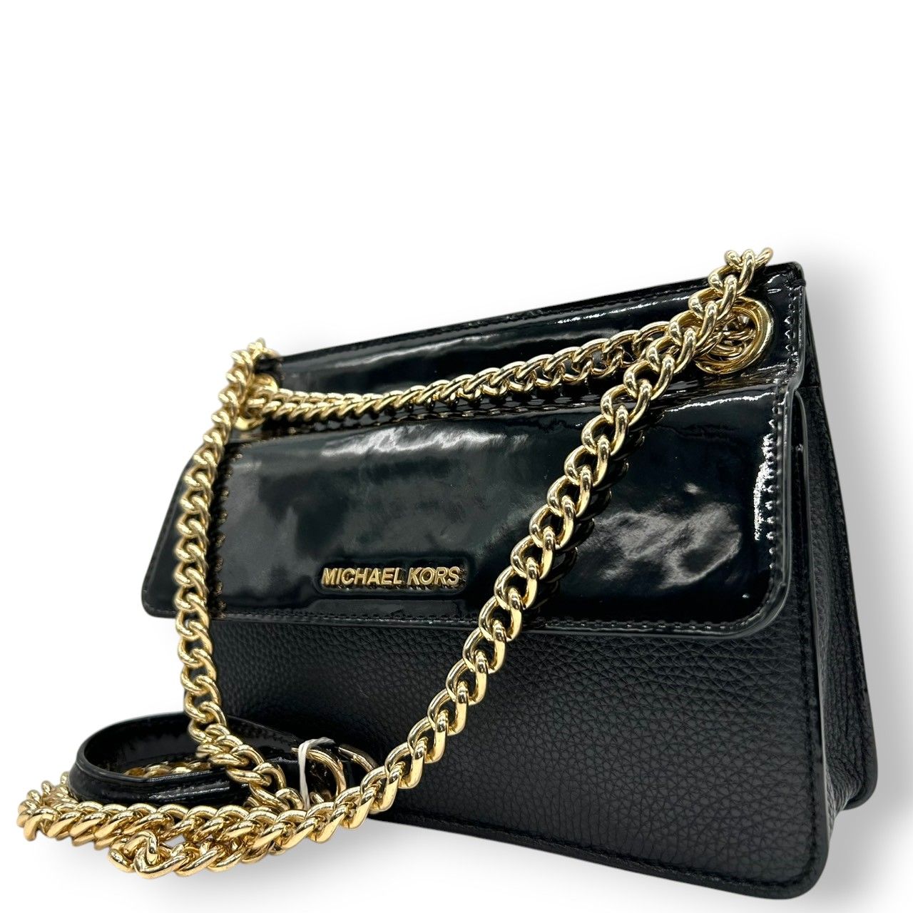 マイケルコース MICHAEL KORS ショルダーバッグ チェーン クロスボディ 斜め掛け パテントレザー エナメル 異素材 ブラック 黒 ゴールド金具 ロゴ フラップ パーティー お出かけ レディース 鞄 かばん s 93
