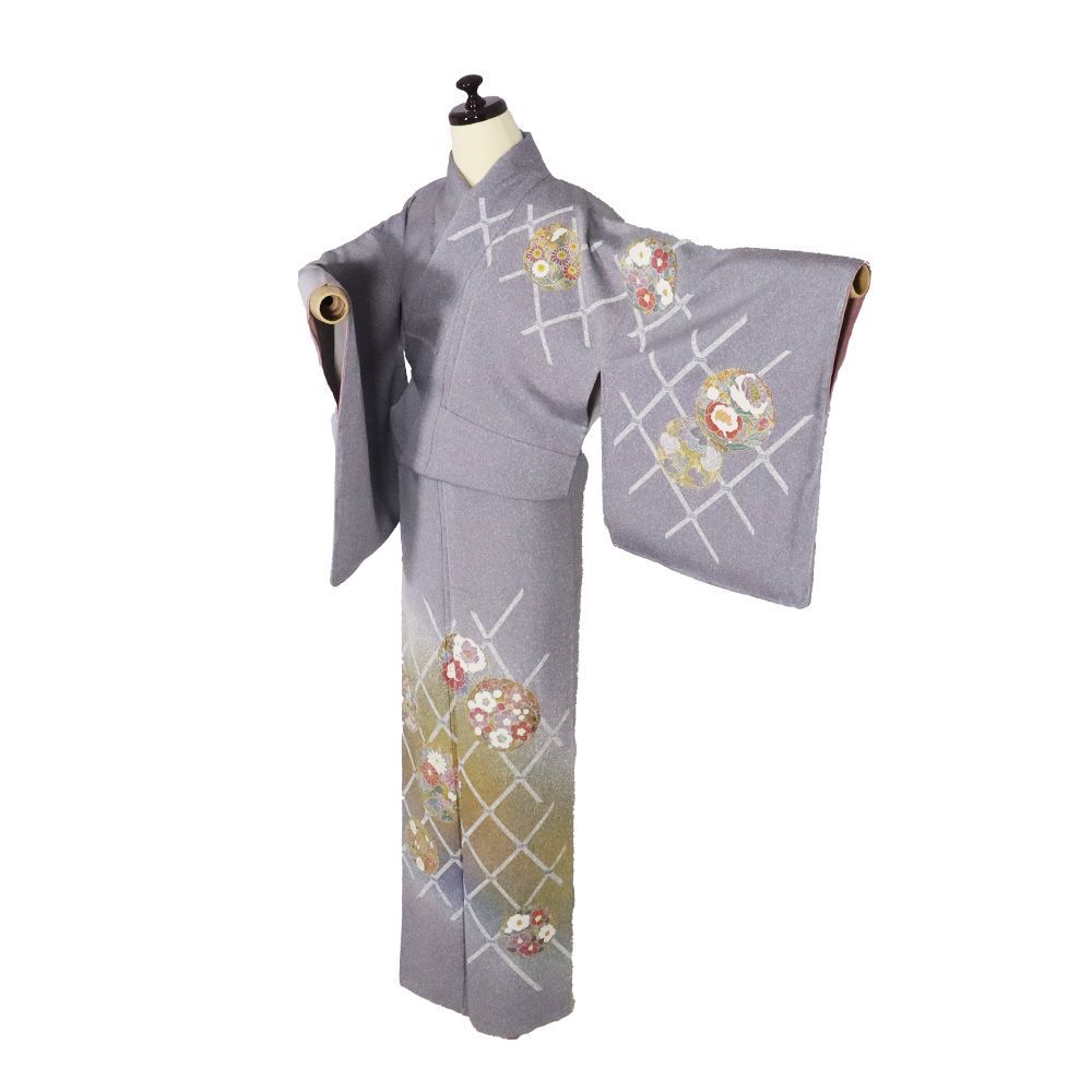 ☆ 訪問着 二代目松井青々 京友禅 御所車に美しい花模様 桜鼠色 K-4938 京友禅作家 松井青々氏作 訪問着 袷 正絹 グレー紫 緑 花丸文 蝶 牡丹