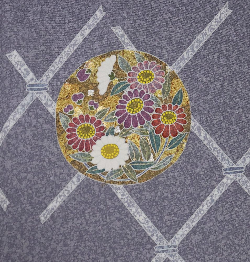 京友禅作家 松井青々氏作 訪問着 袷 正絹 グレー紫 緑 花丸文 蝶 牡丹