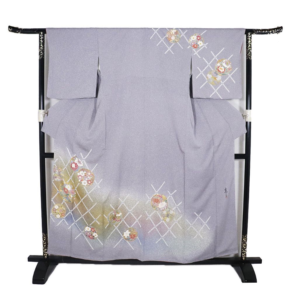 京友禅作家 松井青々氏作 訪問着 袷 正絹 グレー紫 緑 花丸文 蝶 牡丹