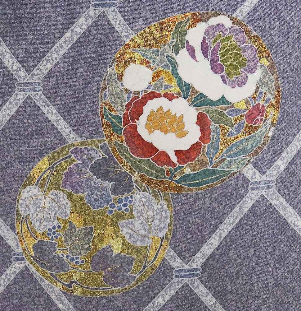 京友禅作家 松井青々氏作 訪問着 袷 正絹 グレー紫 緑 花丸文 蝶 牡丹