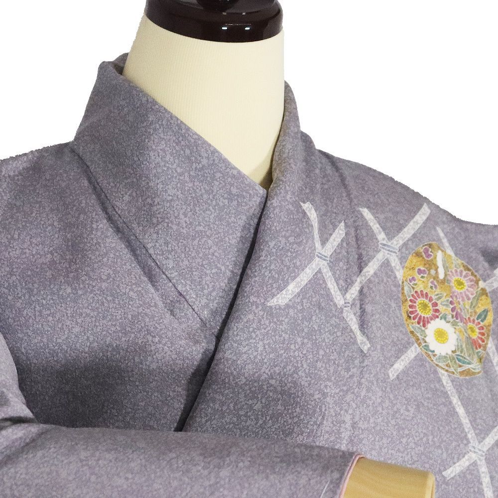 【極上新品】人間国宝 京友禅「松井青々氏作」白鼠色「茶屋辻文様」 京友禅作家 松井青々氏作 訪問着 袷 正絹 グレー紫 緑 花丸文 蝶 牡丹