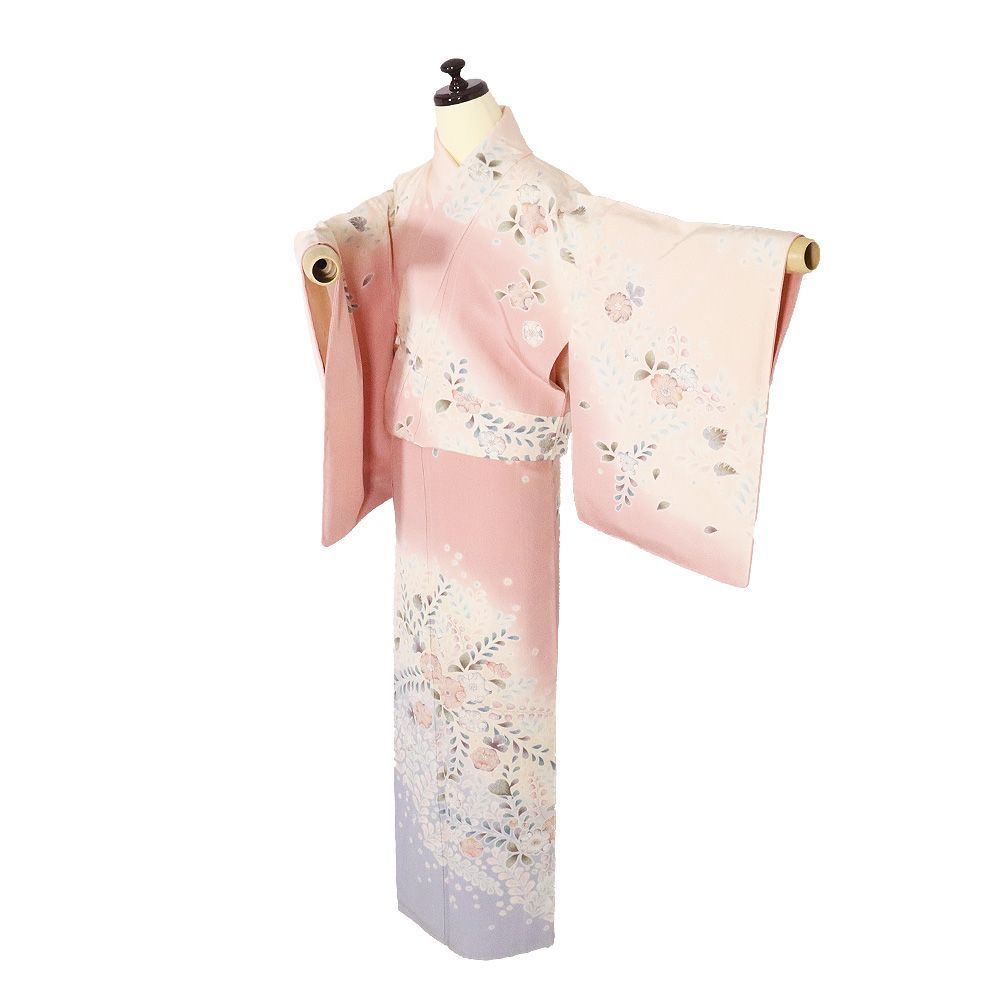 辻が花訪問着 袷 正絹 ピンク ベージュ 青グレー 暈し 絞り 辻が花 ML