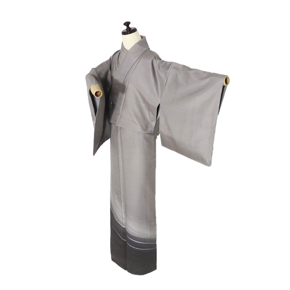 白山紬 訪問着 袷 正絹 薄茶グレー ライトグレー 墨黒 暈し 水平線 M