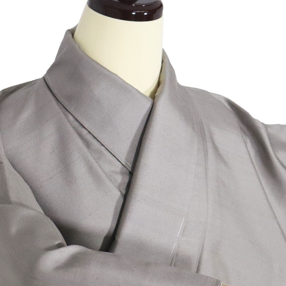 白山紬 訪問着 袷 正絹 薄茶グレー ライトグレー 墨黒 暈し 水平線 M