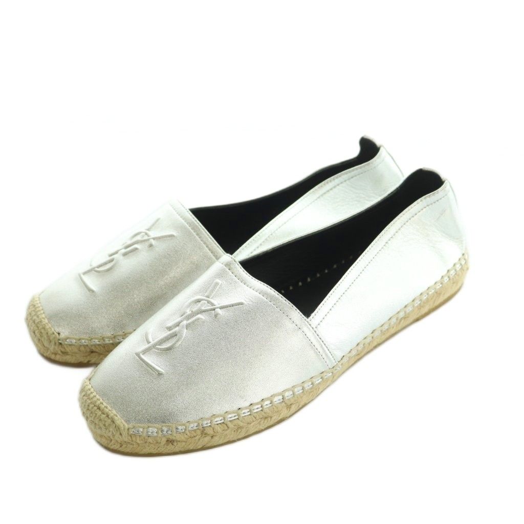 サンローラン パリ SAINT LAURENT PARIS エンボスドレザーエスパドリーユ スリッポン 37 23.5 cm シルバー LK 458573 MI OS