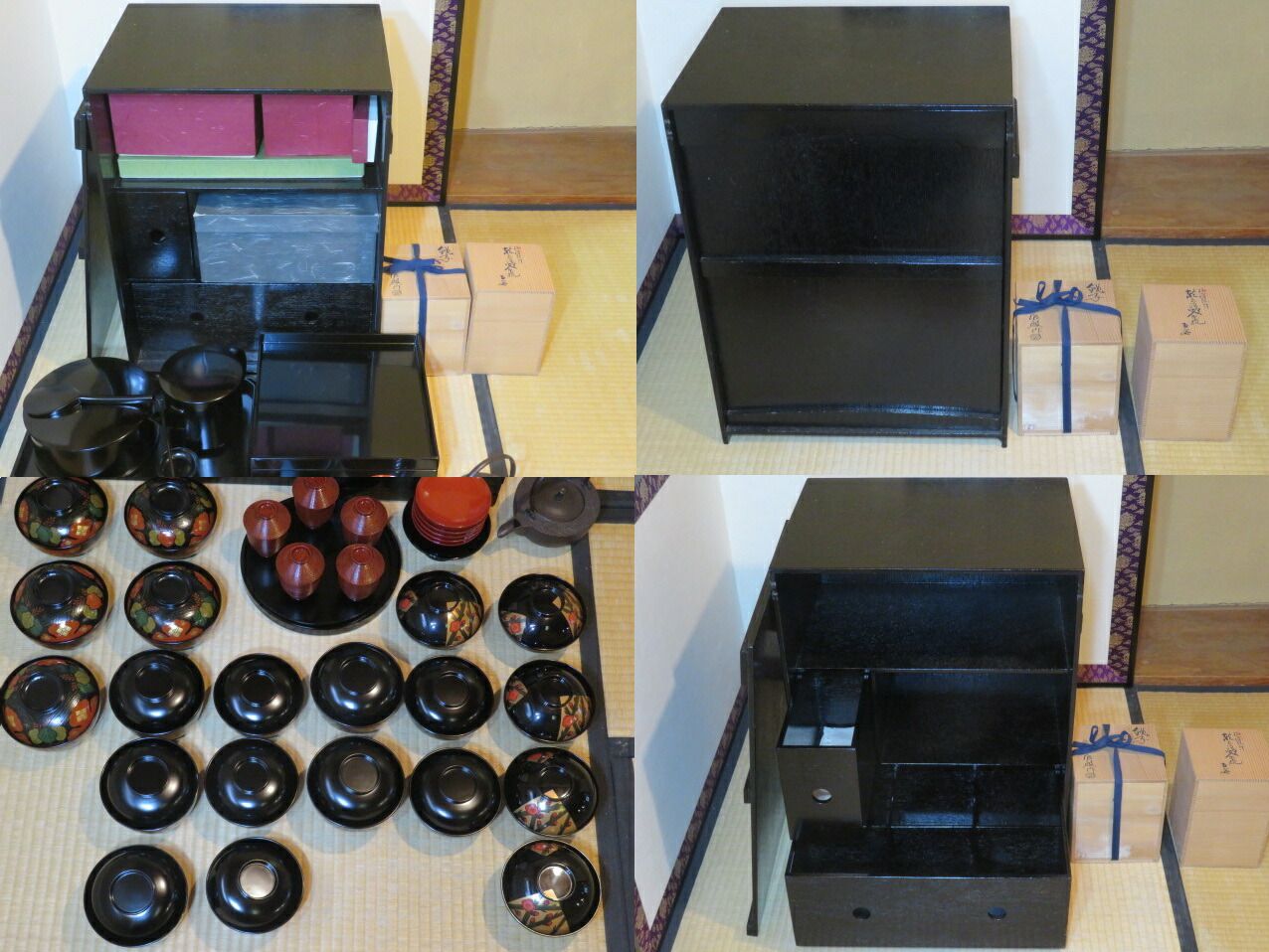 十一月 特売品 木製本漆塗懐石道具一式 黒塗木箱入と 橋本辰敏作 銚子と 輪島塗 梅蒔絵吸物椀と 利休箸１００膳 税込 超