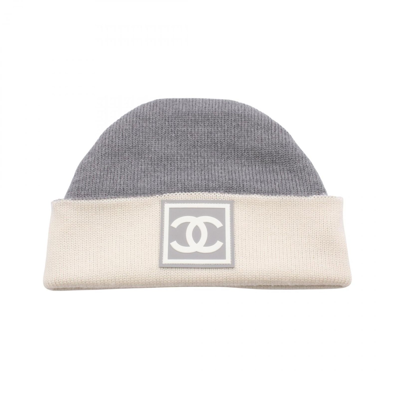 シャネル CHANEL ニットキャップ ココマーク ホワイト グレー ウール シルク ニット帽子 リバーシブル レディース A