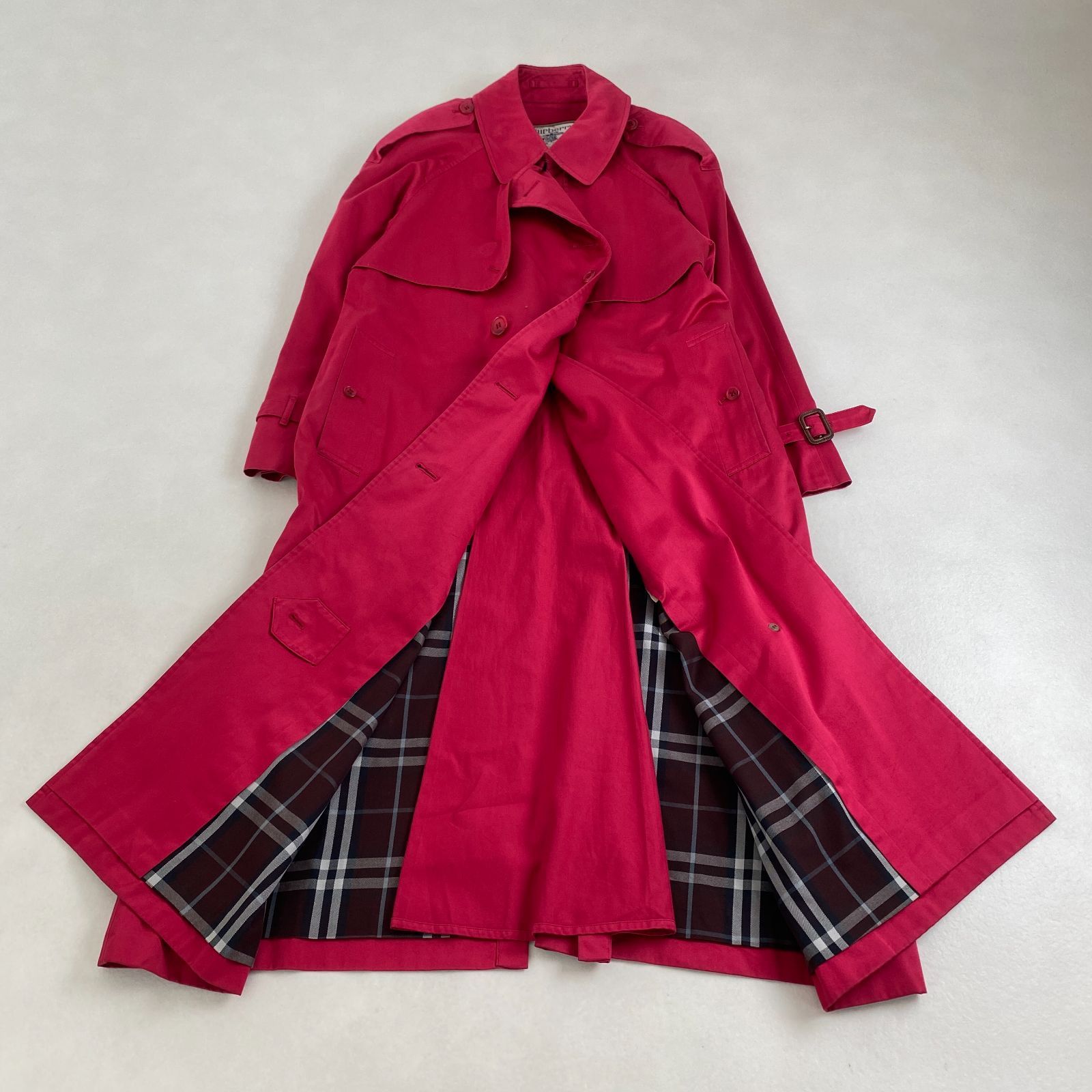 【美品】バーバリーロンドン　トレンチコート　ベルト　ノバチェック 赤　L相当 バーバリーズ トレンチコート 白タグ ノバチェック ロング丈