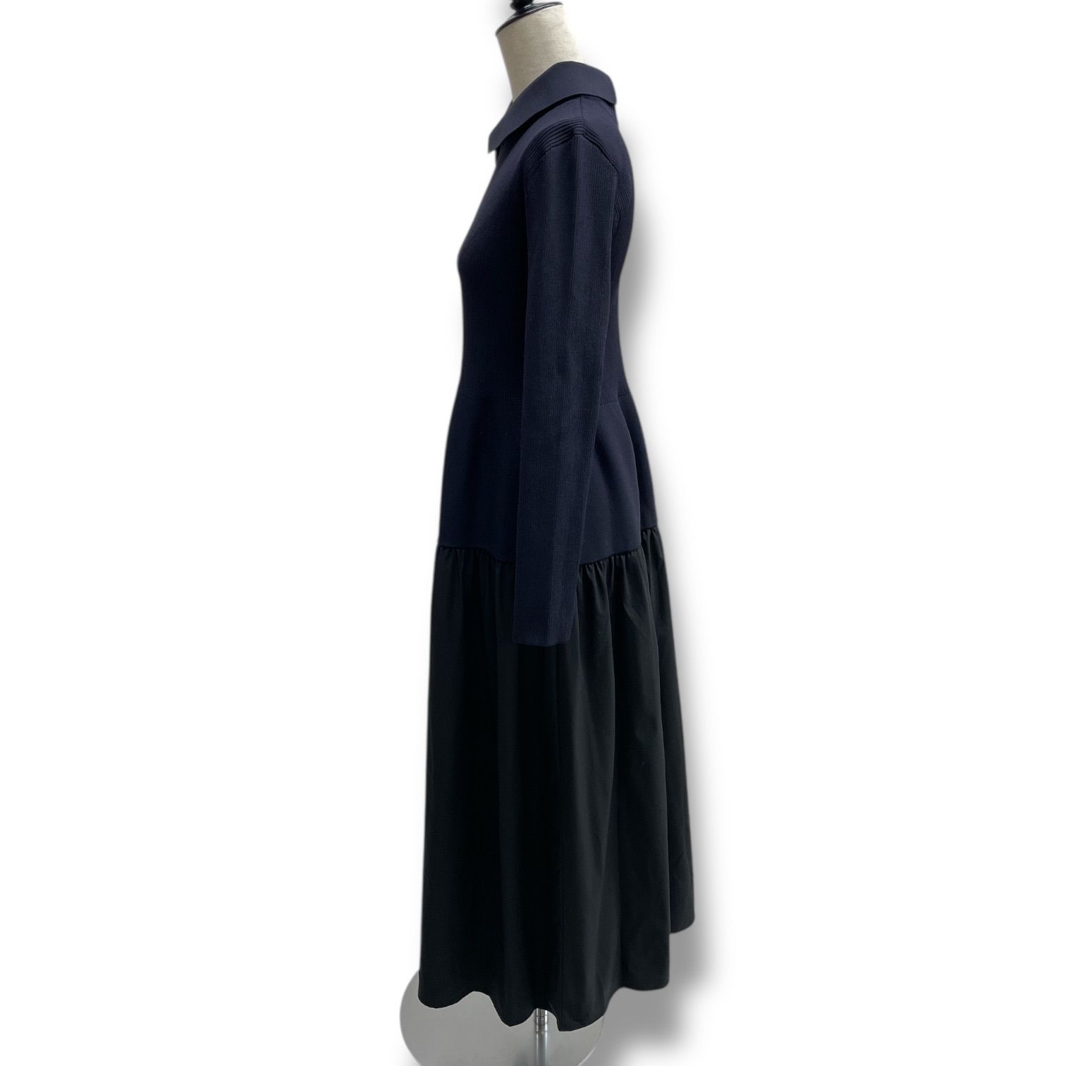  UNITED ARROWS ユナイテッドアローズ フィット-フ 2 wayニットワンピース ドレス ロングワンピース ニット 切り替え 異素材 襟取り外し可 製 ネイビー ブラック レディース 秋 ゴーゴー古着 23 No.1262 長袖 七分袖 ニットワンピース