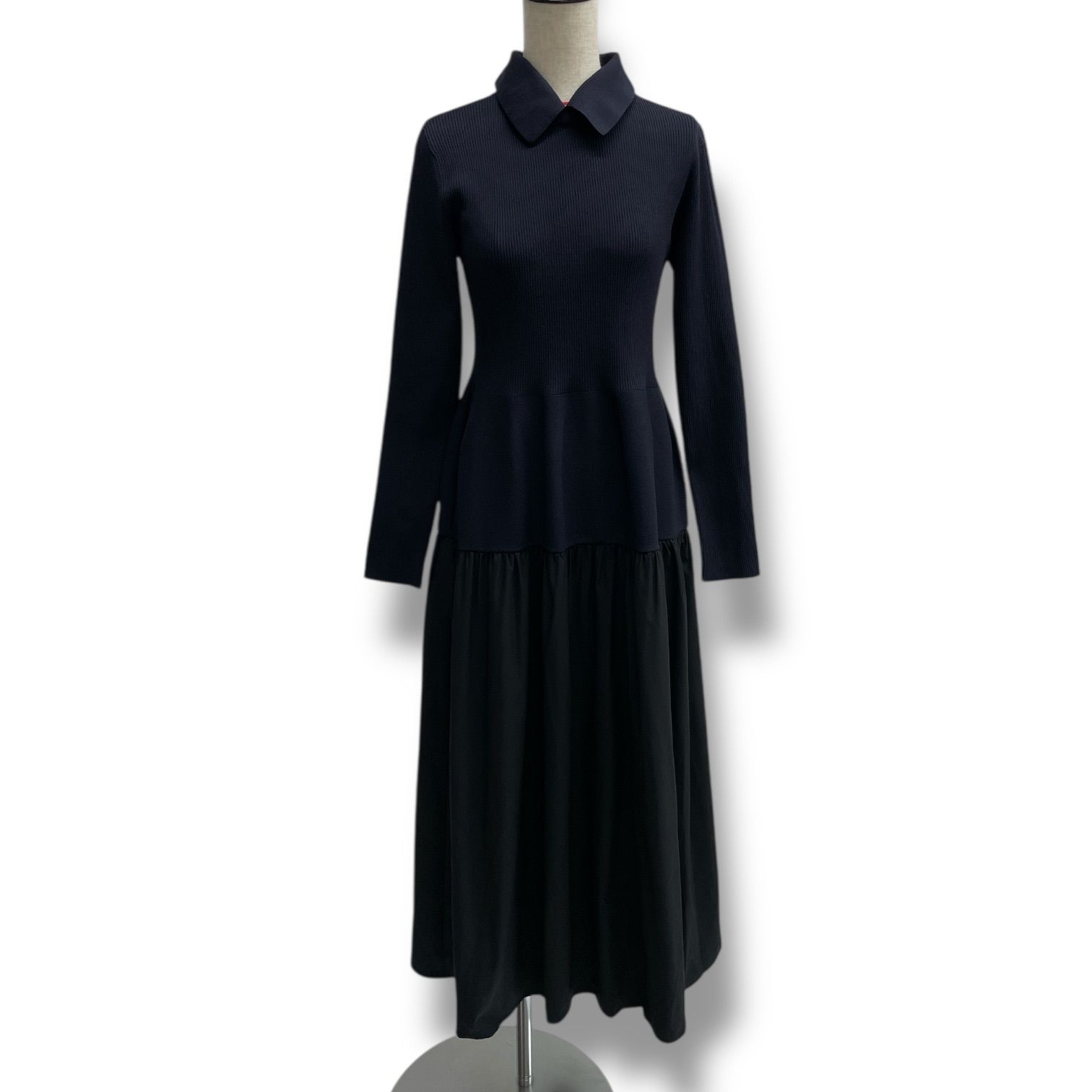 UNITED ARROWS ユナイテッドアローズ フィット フ 2 wayニットワンピース ドレス ロングワンピース ニット 切り替え 異素材 襟取り外し可 製 ネイビー ブラック レディース 秋 ゴーゴー古着 23 No 1262
