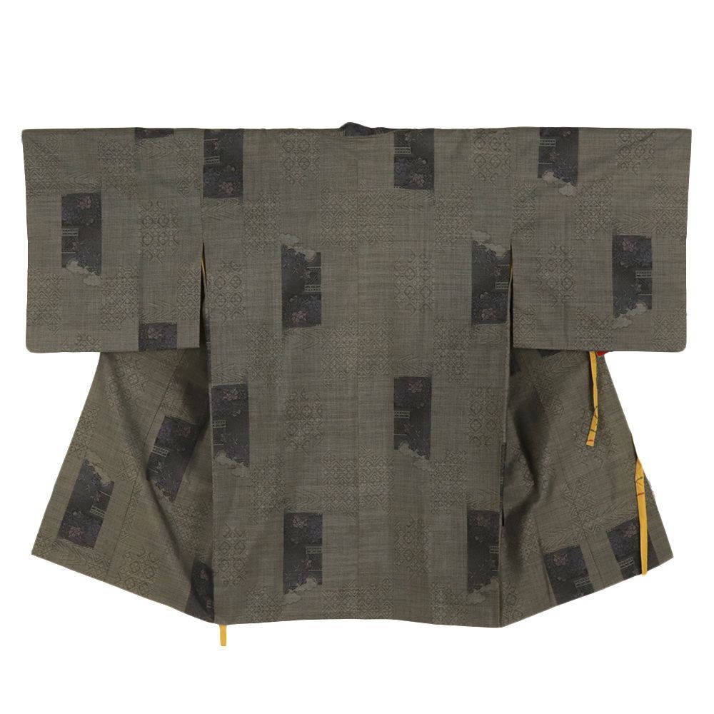 道中着 本場大島紬 7マルキ 正絹 中古 焦げ茶 ベージュ 花 泥染め お