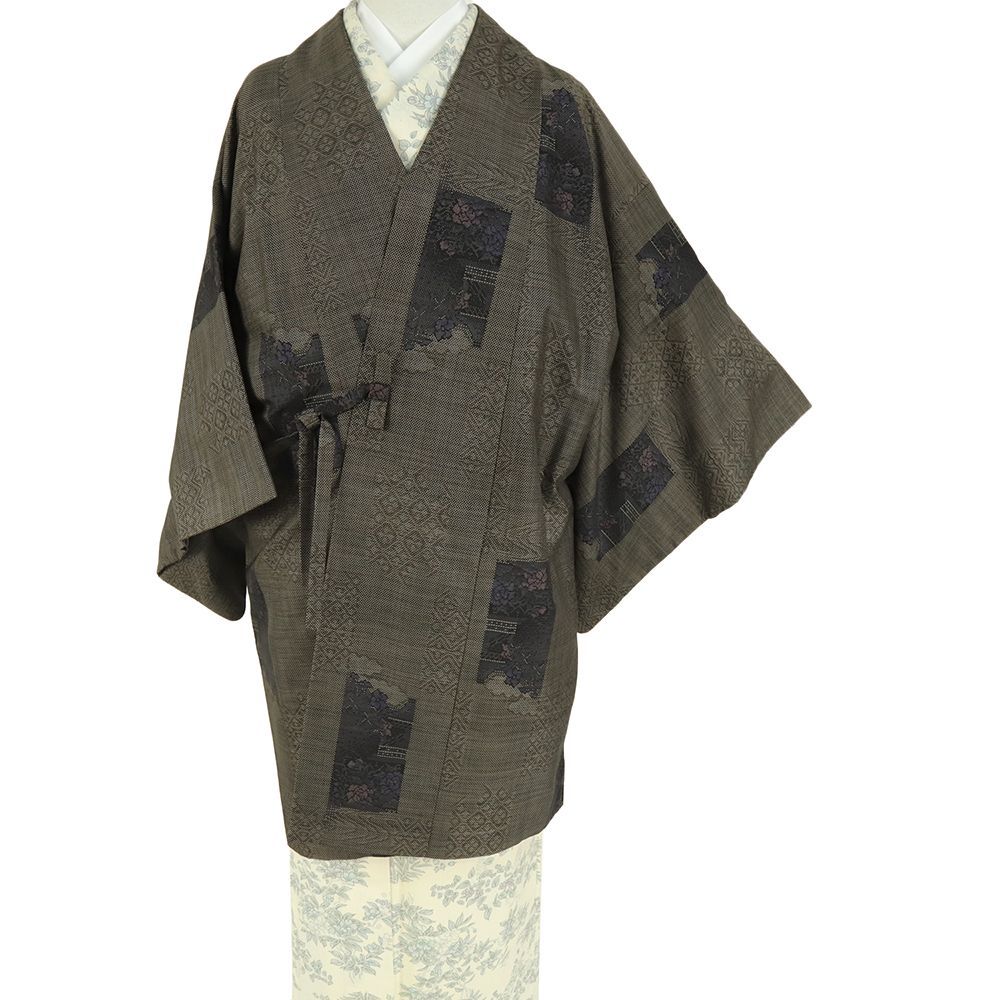 道中着 本場大島紬 7マルキ 正絹 中古 焦げ茶 ベージュ 花 泥染め お