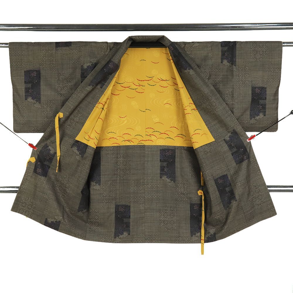 道中着 本場大島紬 7マルキ 正絹 中古 焦げ茶 ベージュ 花 泥染め お