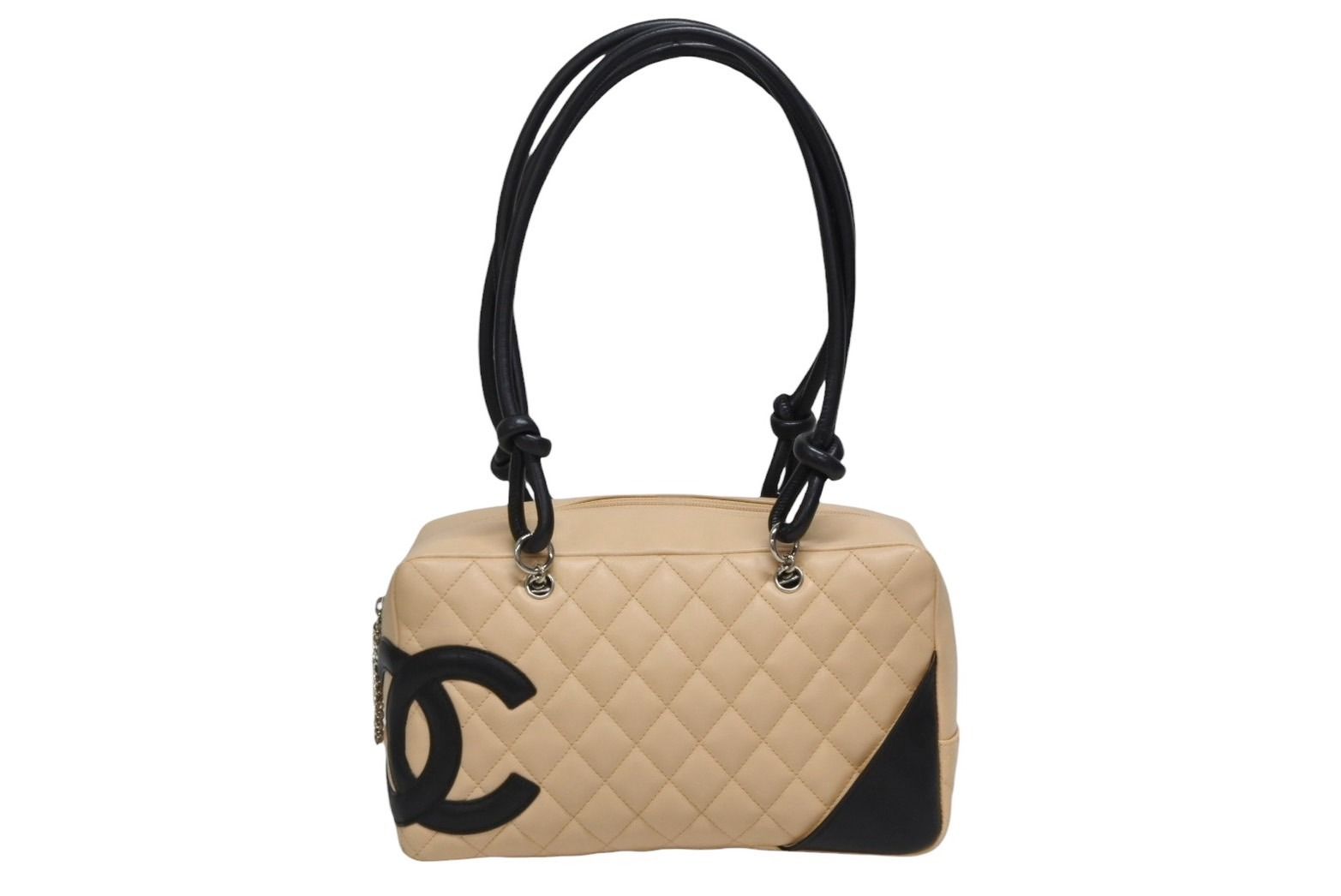 CHANEL シャネル ポーチ ハンドバッグ カンボンライン ココマーク 9番台 ラムスキン ベージュ ブラック 4 b 009678