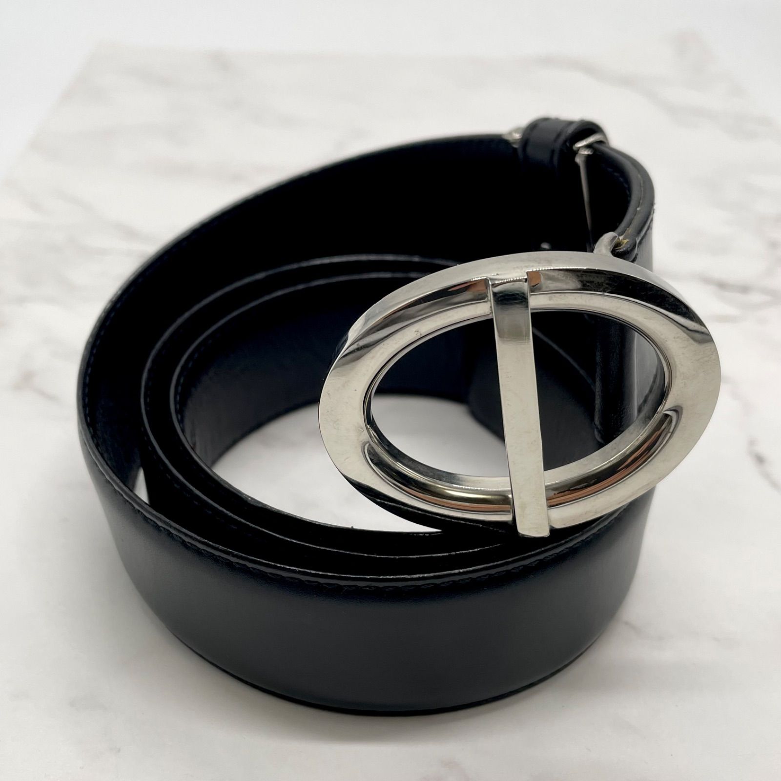 クリスチャンディオール シルバーバックル レザーベルト CD ロゴ金具 ブラック Christian Dior クリスチャンディオール ベルト CDロゴ バックル