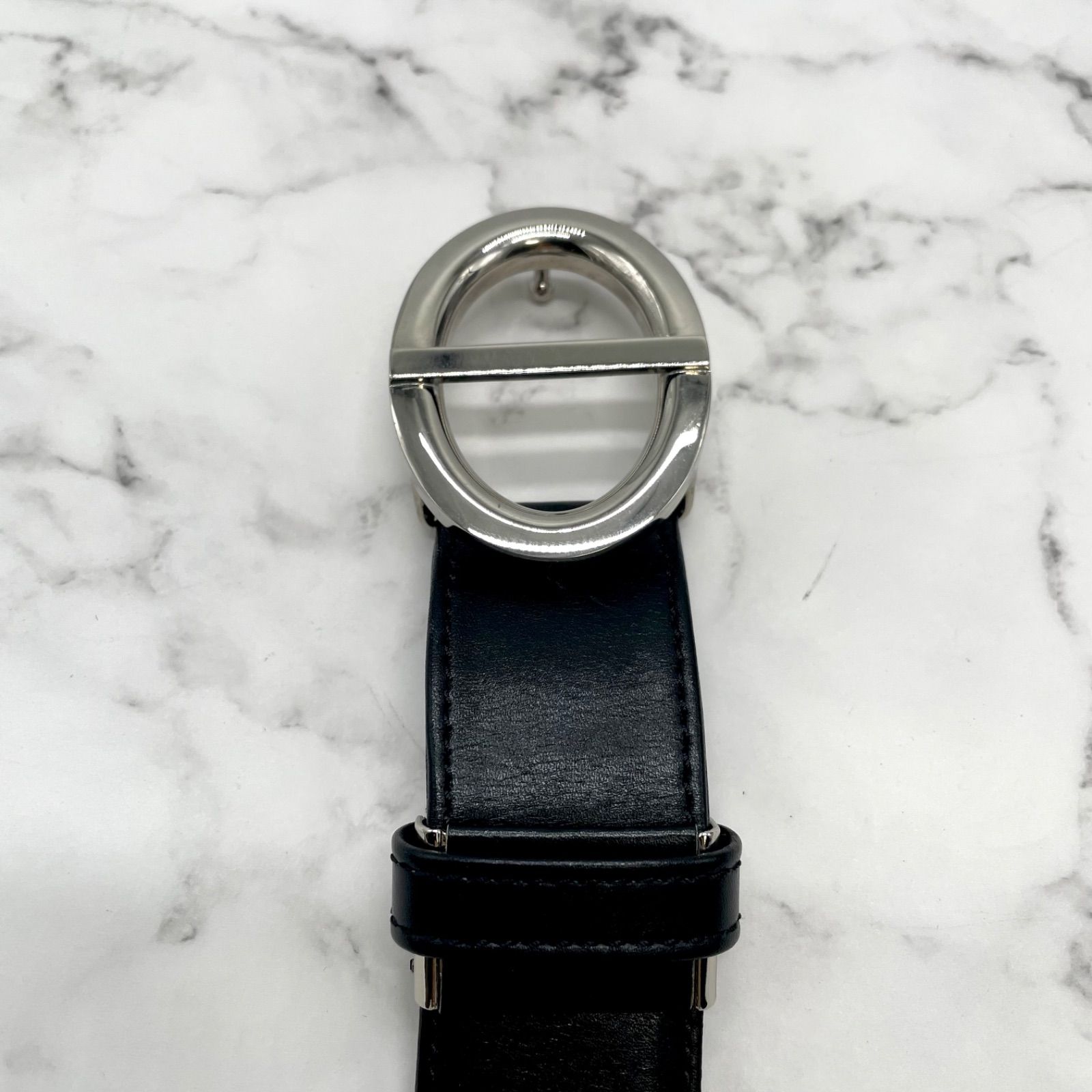 クリスチャンディオール シルバーバックル レザーベルト CD ロゴ金具 ブラック Christian Dior クリスチャンディオール ベルト CDロゴ バックル