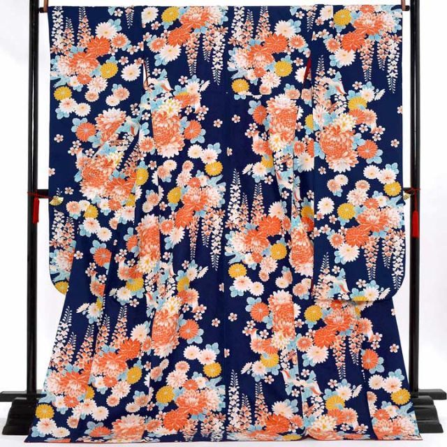 仕立て上がり 振袖「菊に藤 鳥 紺色」貸衣装処分 レンタル処分品 成人式ss2503fml10