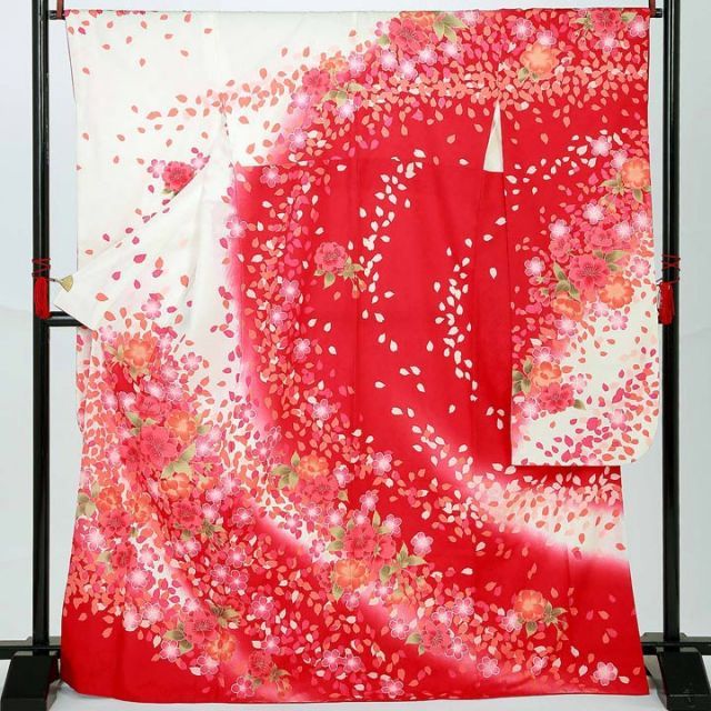 仕立て上がり 振袖「小桜地模様 桜吹雪 オフホワイト 赤」貸衣装処分 レンタル処分品 成人式ss2503fml10