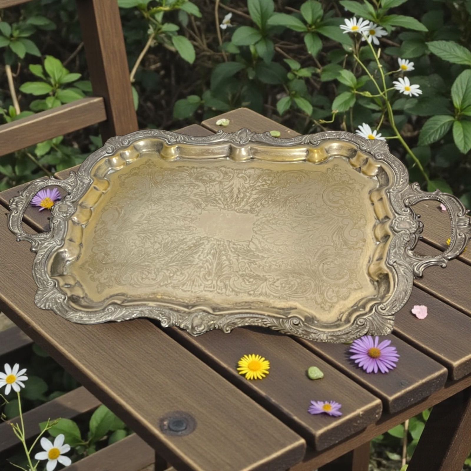 アンティーク 公式 シルバートレイ 特大 レトロ ハンドル ヴィンテージ