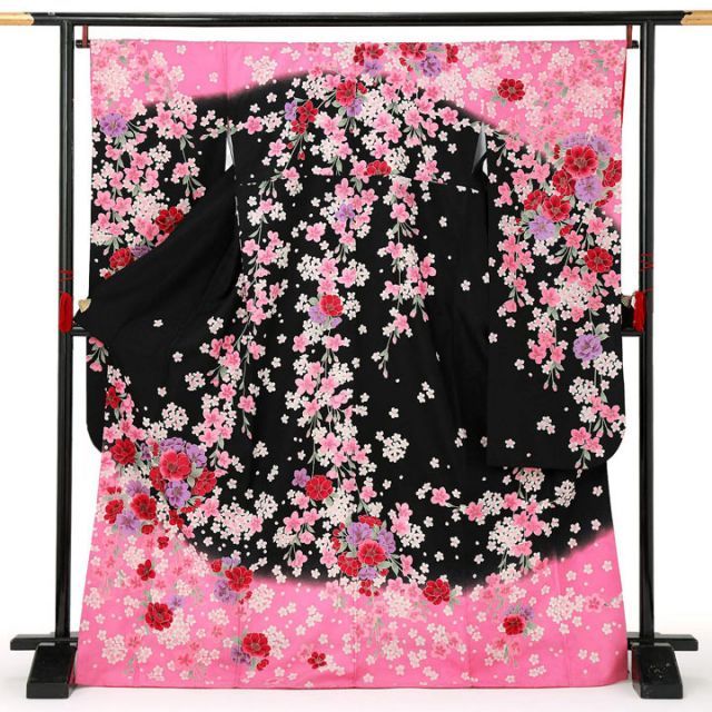 仕立て上がり 振袖「夜桜 黒 ピンク」貸衣装処分 レンタル処分品 小売