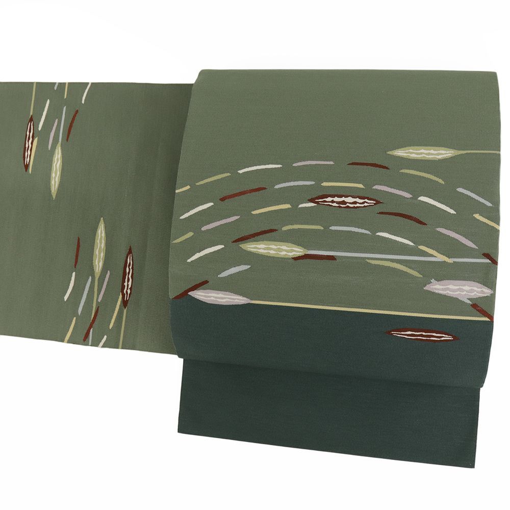 八寸名古屋帯 国産 本爪綴れ 正絹 緑 葉 仕立て上がり カジュアル お洒落 No.i 6-2448