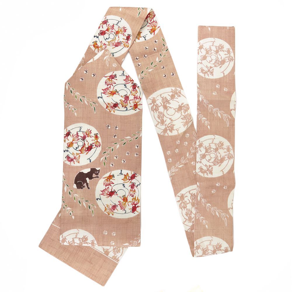  名古屋帯 紅型染 栗山吉三郎 ピンクベージュ 猫 金魚 夏帯 カジュアル 仕立て上がり 夏物 No.6-2450 名古屋帯 帯