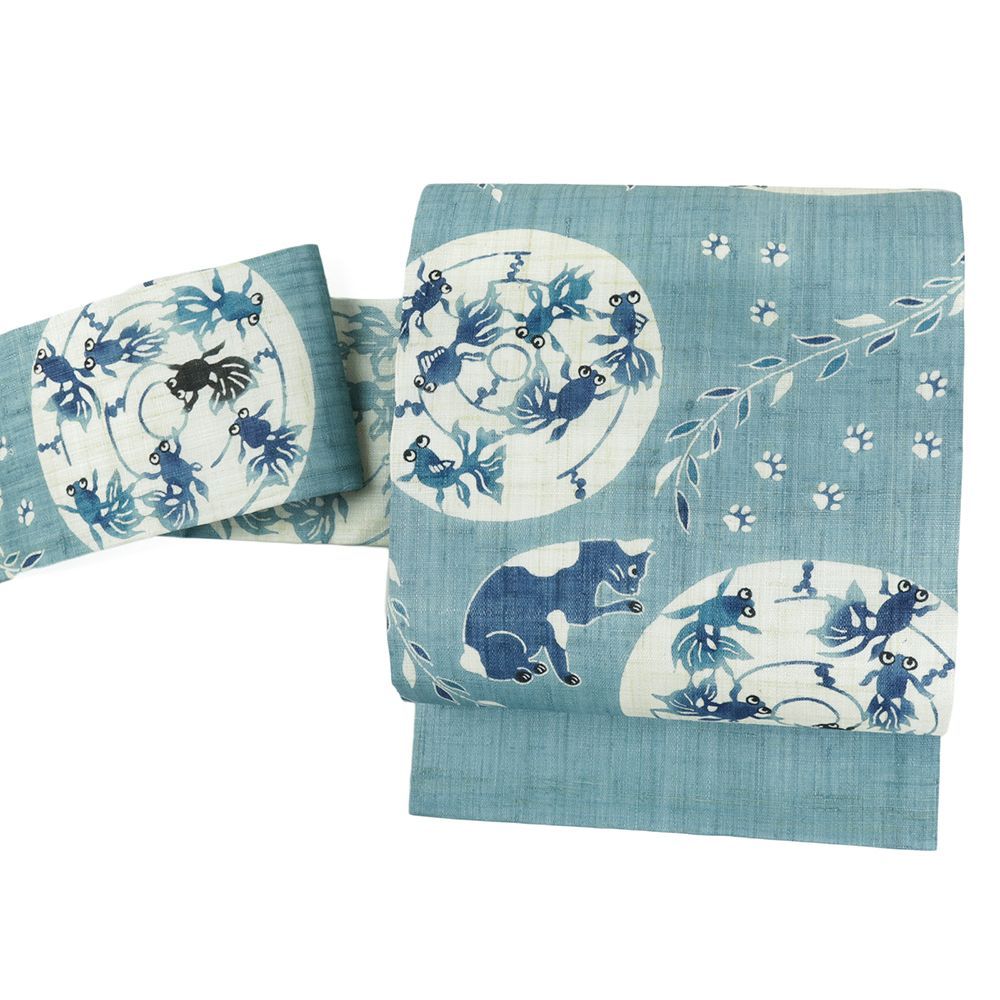 名古屋帯 紅型染 栗山吉三郎 青 猫 金魚 夏帯 カジュアル 仕立て上がり 夏物 No.6-2451