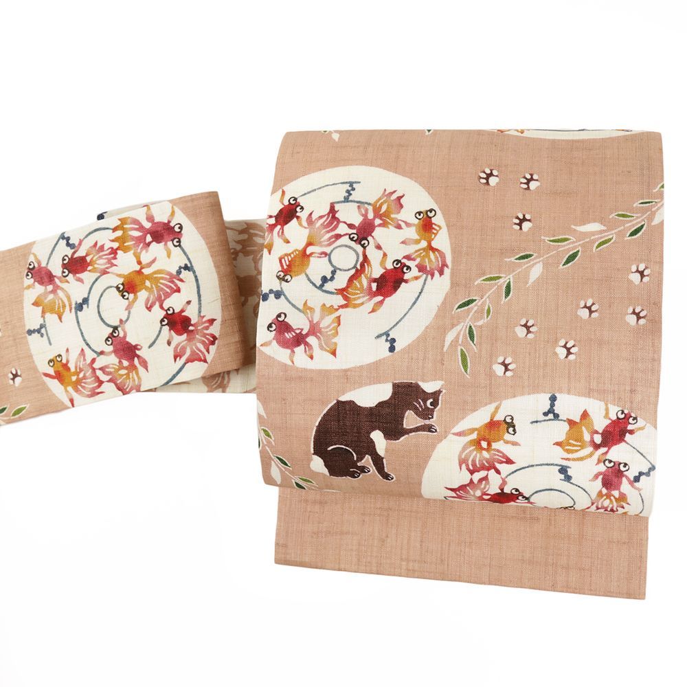 名古屋帯 紅型染 栗山吉三郎 ピンクベージュ 猫 金魚 夏帯 カジュアル 仕立て上がり 夏物 No.6-2450