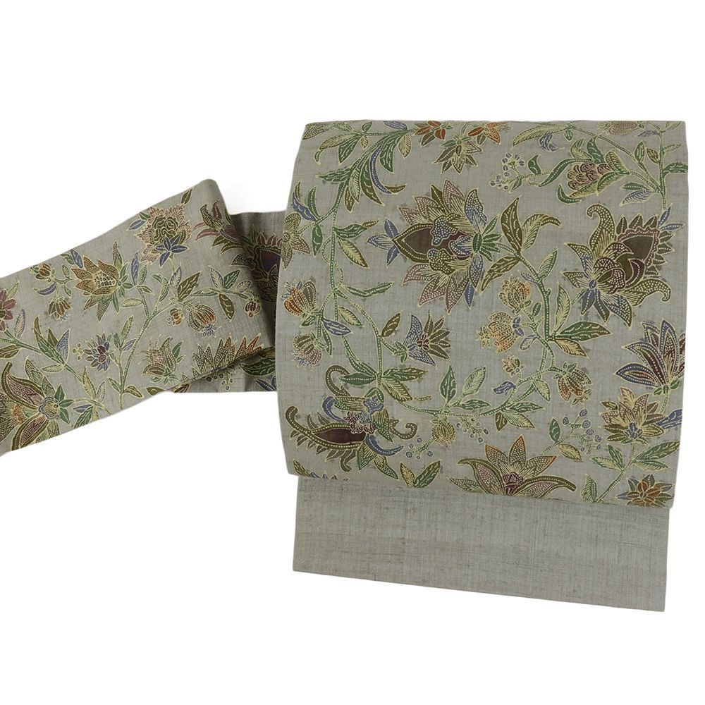 名古屋帯 しょうざん 生紬 正絹 グレー 更紗 リサイクル カジュアル お洒落 仕立て上がり 九寸 No.i 6-2445