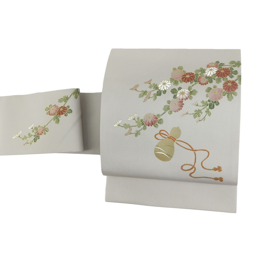 名古屋帯 手描友禅 塩瀬 正絹 グレー 菊 ひょうたん カジュアル お洒落 仕立て上がり 九寸 No i 6 2442