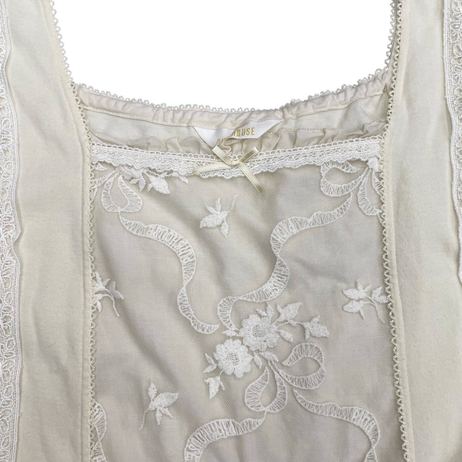  EM 11125 PINK HOUSE ピンクハウス ノースリーブワンピース 白 ホワイト フリル 刺繍 ノースリーブ カットソーワンピース