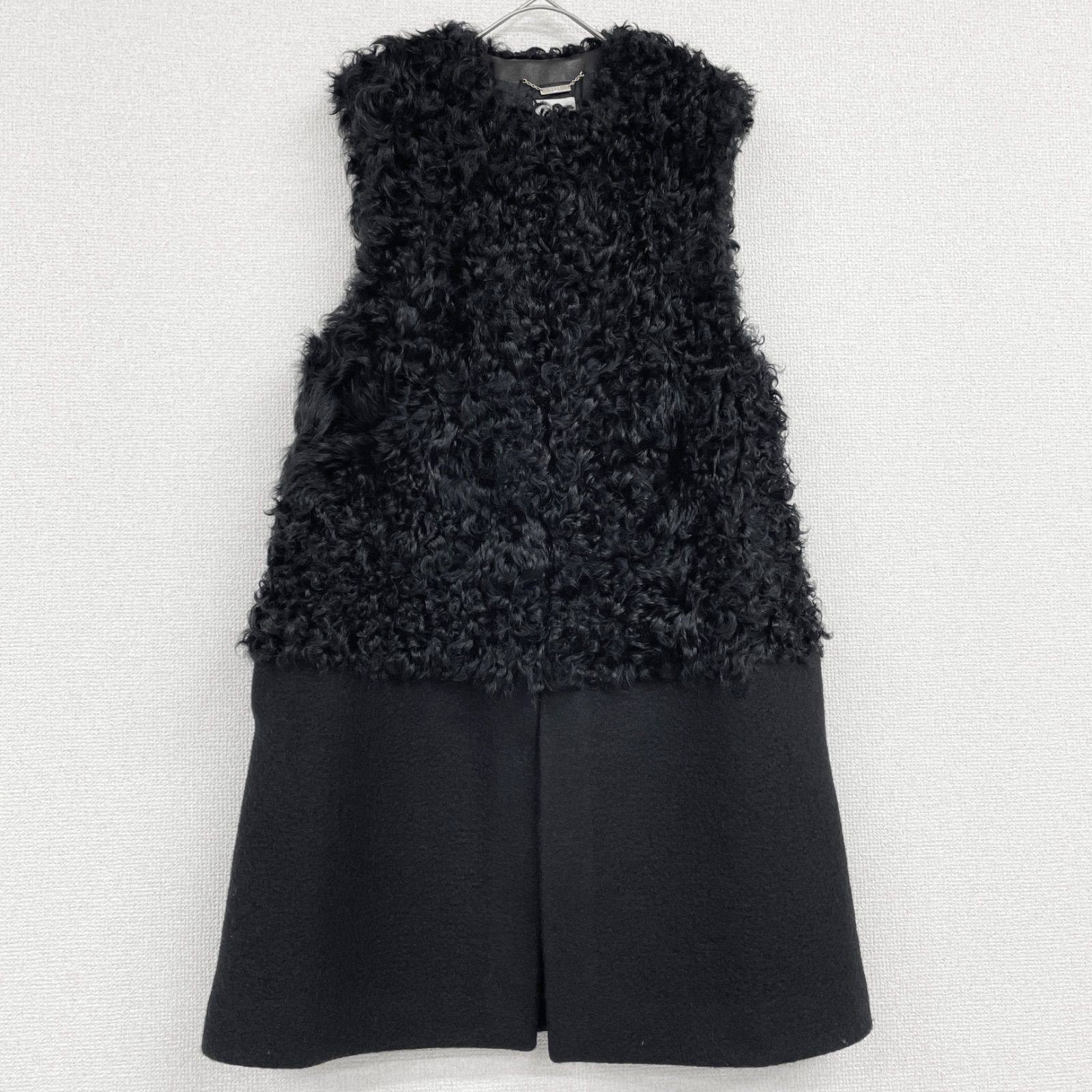 EFFE BEAMS エッフェビームス GELLI ムートンロングベスト ジレ 異素材 切替 ラムファー ウール ブラック イタリア製 レディース