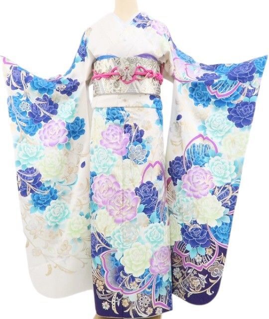 ❁tomihisa❁美品 薔薇 銀通し 着物 成人式 正絹“色と色、美と美を風に