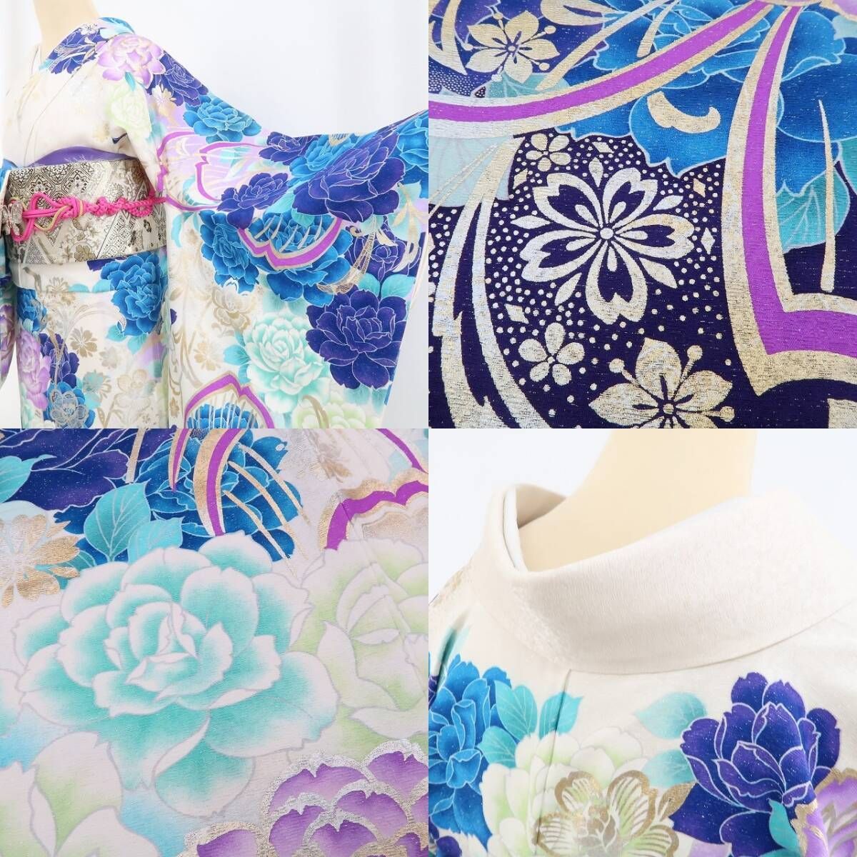 ❁tomihisa❁美品 薔薇 銀通し 着物 成人式 正絹“色と色、美と美を風に