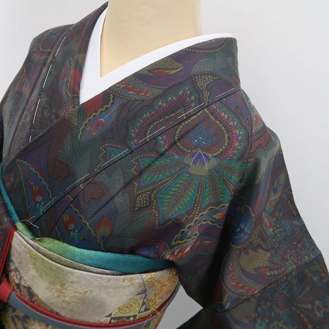 ❁tomihisa❁新品 前田仁仙 落款 更紗 着物 正絹 仕付け糸付”大島紬の