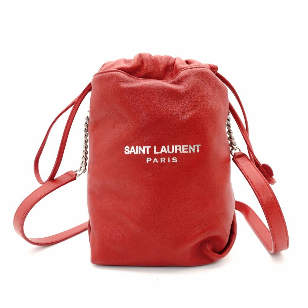 サンローラン SAINT LAURENT テディ スモール 巾着 ショルダーバッグ レッド レザー 赤 チェーン クロスボディ 7-11-378
