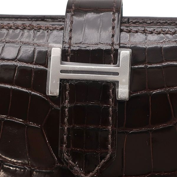 エルメス HERMES 二つ折り財布 ベアンコンパクト アリゲーター ハバナ シルバー金具 茶 クロコ K刻印(2025年製) 【箱】【中古】 HERMES（エルメス） 二つ折り財布 ベアンコンパクト アリゲーター