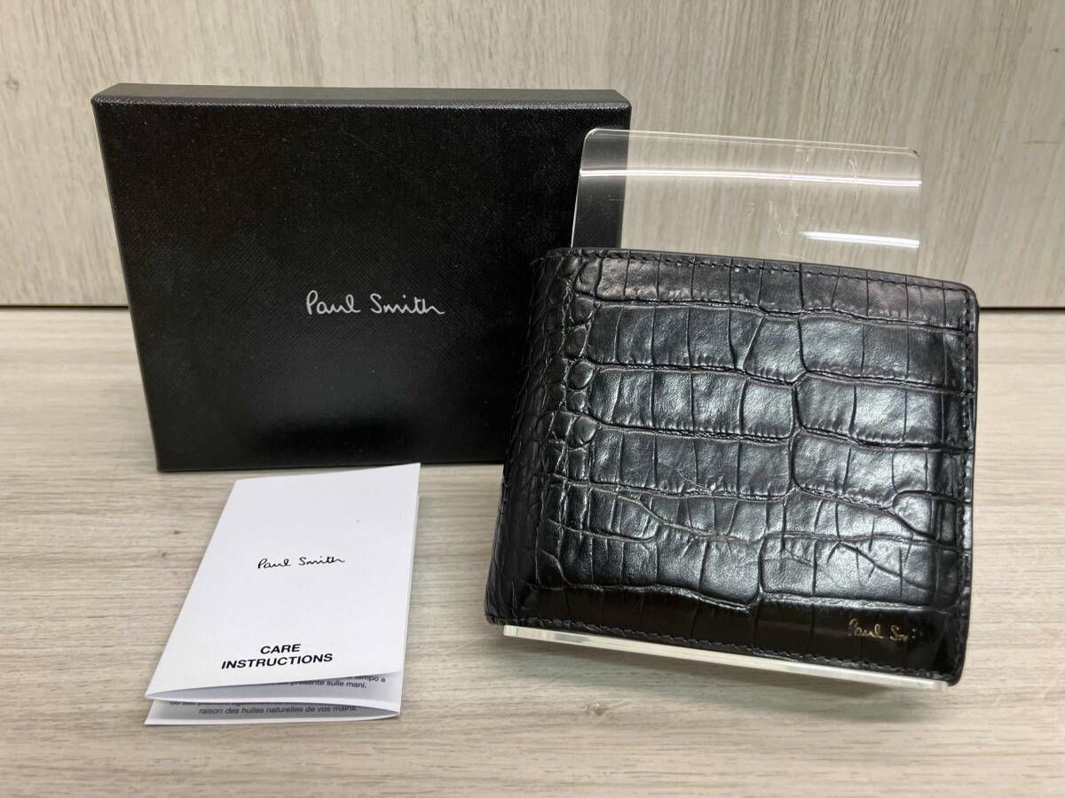 き PAUL SMITH ポールスミス 牛皮 クロコ型押し 二つ折り財布 ブラック 小銭入れ有り