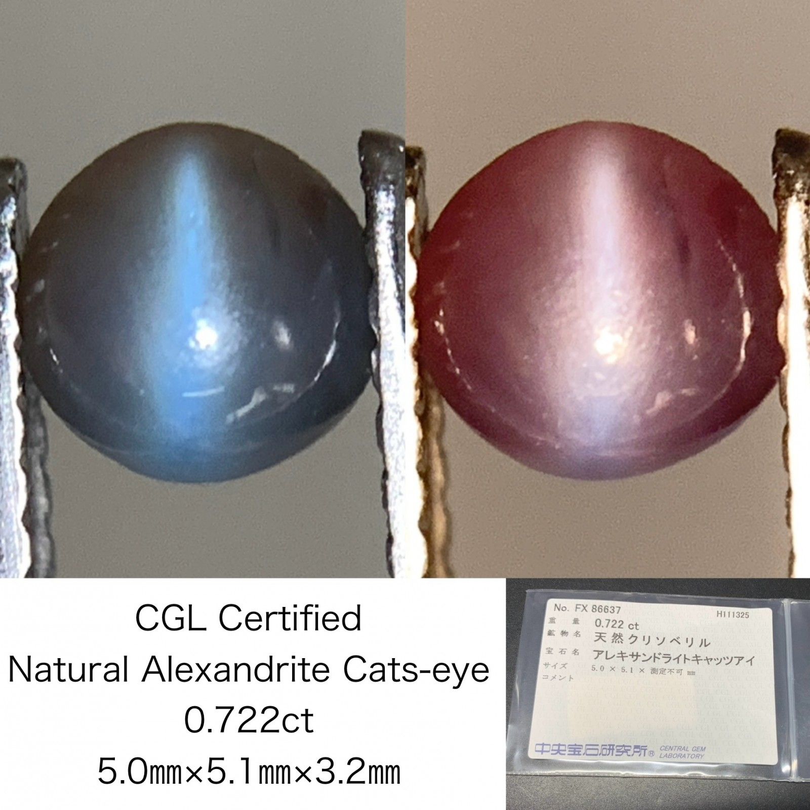 アレキサンドライトキャッツアイ 天然 0 722 ct 中央宝石ソーティング付き 5 0㎜ 1㎜ 3 2㎜ ルース 裸石 7395 Y