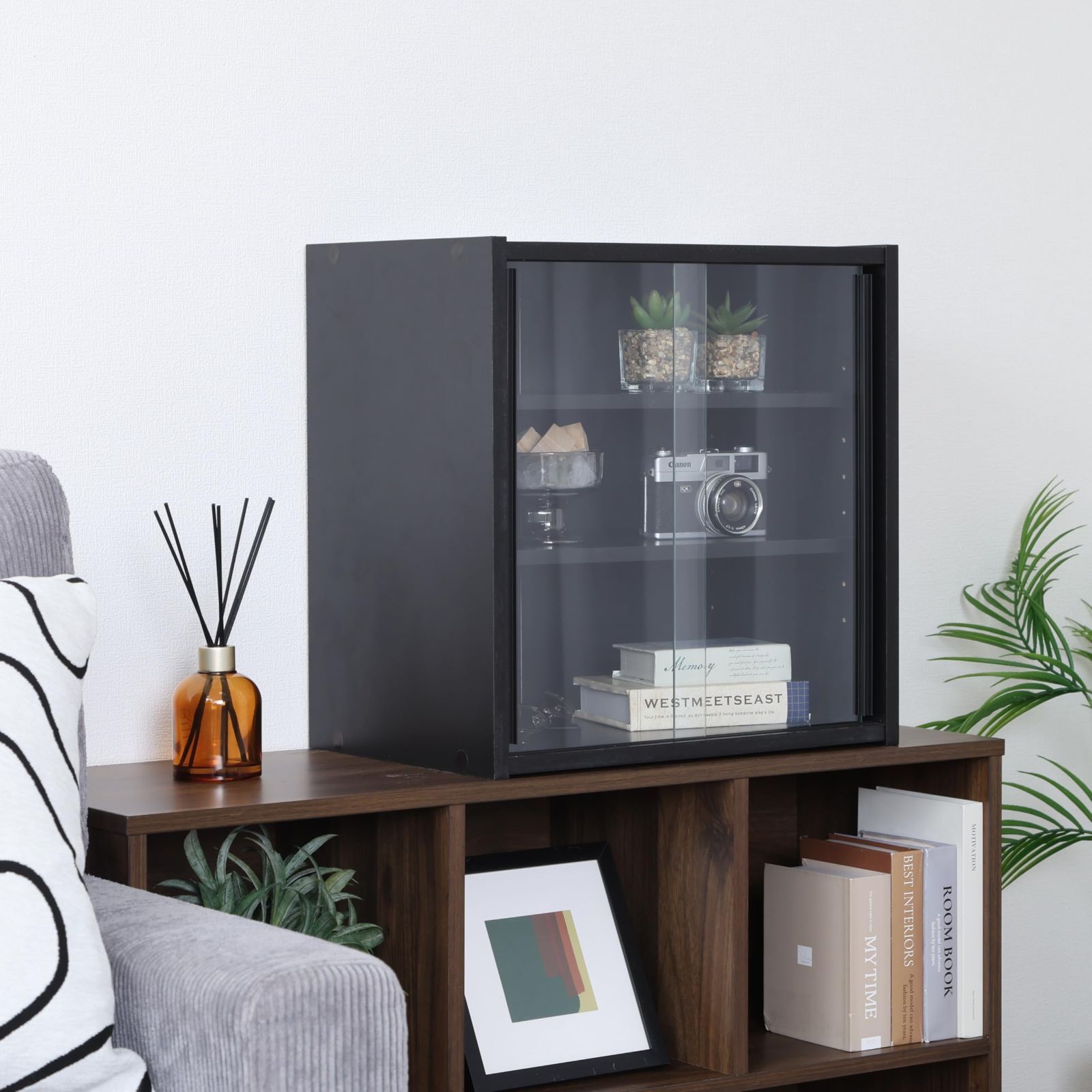 ガラス棚 99698 組立品 可動棚 ガラス扉 ブラック 幅43×奥行29×高さ44cm