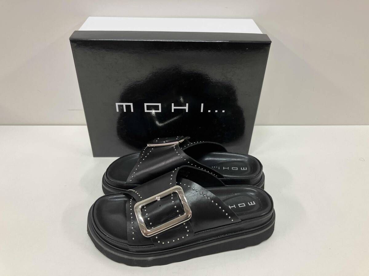 MOHI モヒ ビッグバックル スタッズ レザ コンフォ トサンダル サンダル 37 ブラック 箱あり